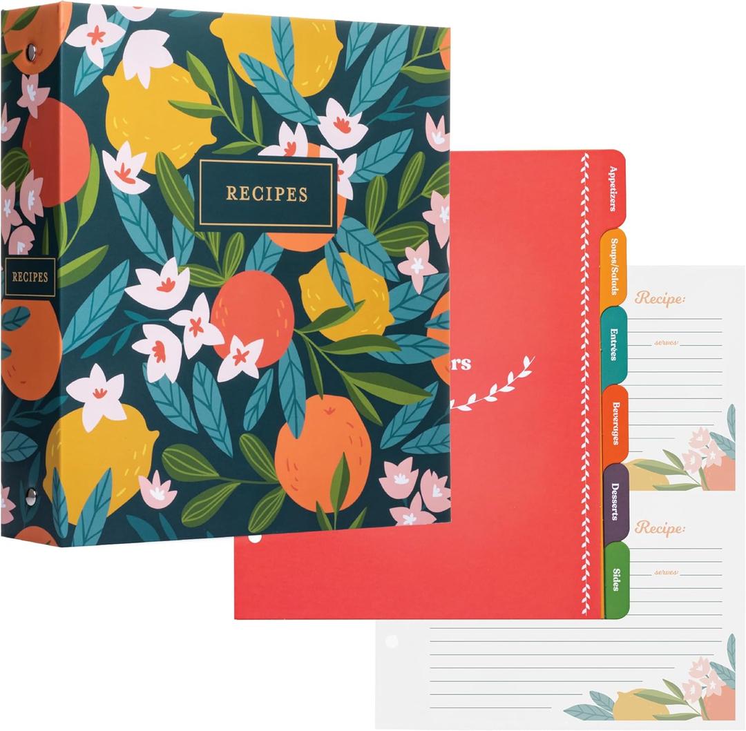 Jot & Mark 8.5" x 9.5" 3 Ring Recipe Binder with 50 Matching 4x6 inch Recipe Cards, 25 Top & Bottom Binder Sleeve Sheet Protector, 5 Full-Page Undivided Sleeves, 6 Sturdy Divider Tabs, Winter Orchard