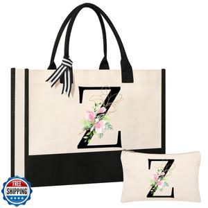 AYGE Personalized Initial Canvas Beach Bag Cosmetic Bags, Tote Bag, Makeup Bag, Gifts for Sister Mom Teacher Bridesmaid Z