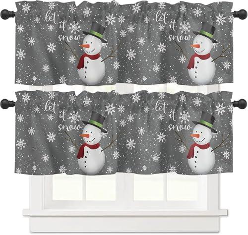 2 Pack Let It Snow Christmas Valance Curtains for Windows,Snowman Window Treatment Curtains for Living Room/Bedroom/Bathroom Snowy Winter Holiday Rod Pocket Kitchen Valances, 54" W x 18" L,White Grey