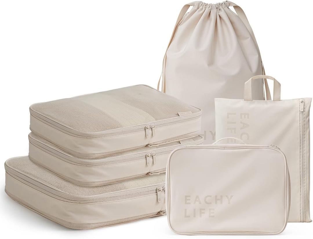 EACHY 6 Set Compression Packing Cubes for Travel & Carry-On, Space-Saving Luggage Organizers & Compression Bags for Clothes & Shoes, Ideal for Vacation & Cruise Essentials (Large, AA-Beige)