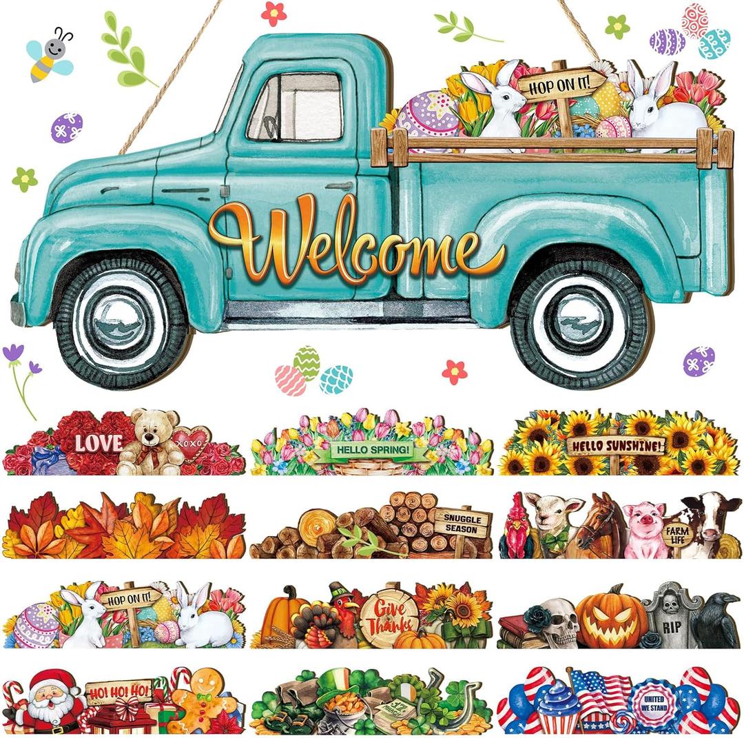 Ferraycle 13 Pcs Interchangeable Welcome Sign Blue Truck Decor Seasonal Hanging Sign Farmhouse Rustic Holiday Door Signs with 12 Holiday Icons for Spring St Patrick's Day Easter