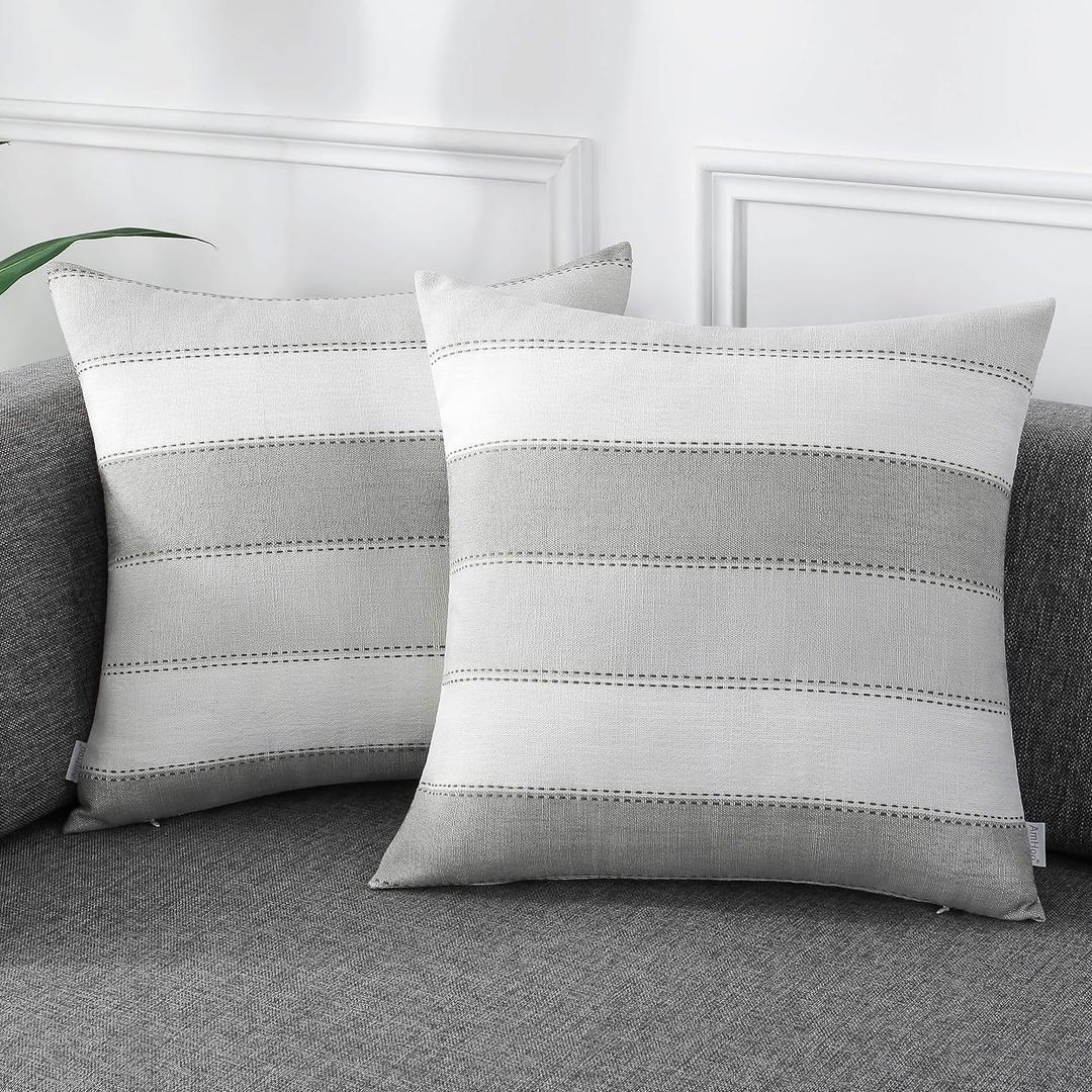 AmHoo Pack of 2 Farmhouse Stripe Check Throw Pillow Covers Set Case Cotton Linen Decorative Pillowcases Cushion Cover for Couch Bench Sofa 16x16Inch Light Grey Beige
