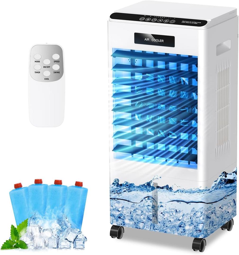 Portable Air Conditioners, 3-in-1 AC Cooling Fan 3 modes 3-Speed with Remote Control & 4 Ice Boxes, Evaporative Air Cooler with Large Tank 20H Cooling, for Home, Bedroom, Kitchen (Black)