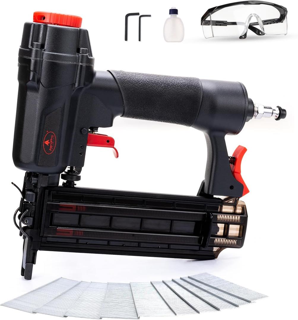 AEROPRO Tools Pneumatic Brad Nailer, 18 Gauge Air Brad Nail Gun with 1000pcs Nails for Upholstery, DIY Project, Woodworking