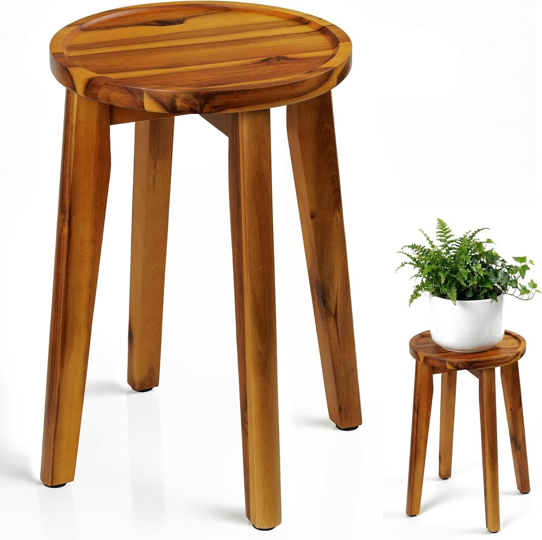 Demigo 15-Inch Tall Plant Stand for Indoor & Outdoor Use, Acacia Wooden Decorative Plant Shelf with Spill-Proof Tray, Flower Holder for Heavy Pots, Gardening Display - Natural Brown