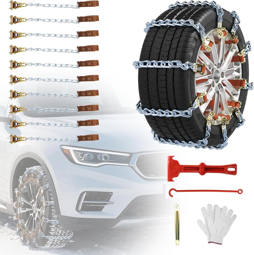 Qoosea Snow Chains for Car 10Pcs Tire Chains for SUV Manganese Steel Tire Chains Heavy Duty Universal Anti-Slip Chains for Tires Durable Tire Cables