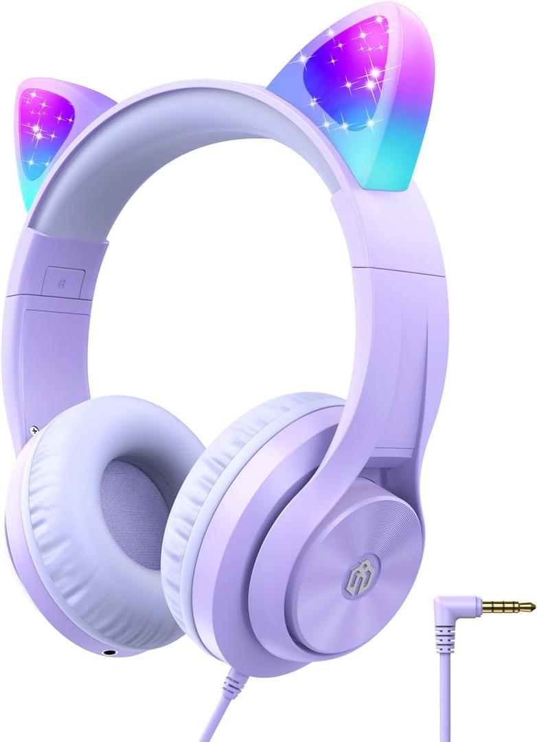 iClever Kids Headphones with Cat Ear Led Light Up, Safe Volume Limite Wired Headphones with FunShare Foldable Over-Ear Headphones for Kids/School/iPad/Tablet/Travel, Meow Donut-Purple (Medium)