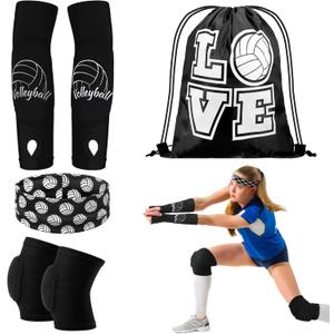 Yinder 4 Pcs Volleyball Accessories Include Knee Pads ,Arm Sleeves , Drawstring Bag,Softball Headbands for Women Volleyball Training Dance (Medium, Black)