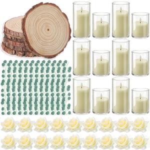 VIHOSE 36 Pcs Wooden Wedding Candle Centerpiece Includes 7.1"-7.9" Round Wood Slices, Eucalyptus Garlands, Flameless LED Candles and Artificial Roses for Wedding Country Farmhouse Table Decor, 6 Sets