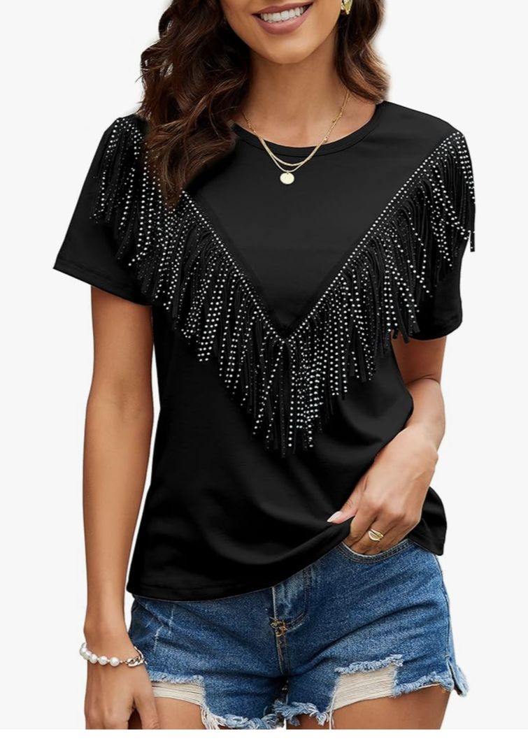 PESION Women's Fringe Trim Shirts Short Sleeve Tassel Trim Blouse T-Shirt Tops Size 3XL