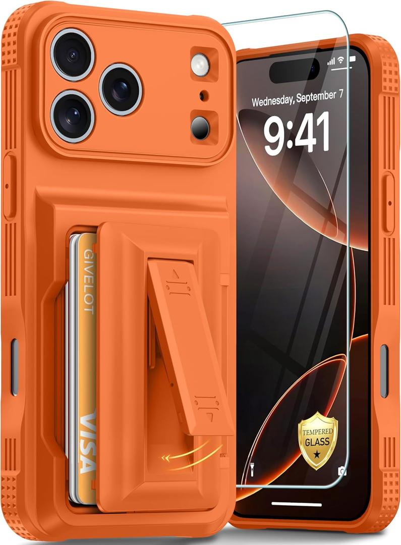 GIVELOT for iPhone 17 Pro Max Case with Card Holder4-5 Cards[9H Screen Protector ][Full Camera Protection][RFID Blocking][Hidden Kickstand]Rugged Heavy Duty Wallet Case for iPhone 17 Pro Max, Orange