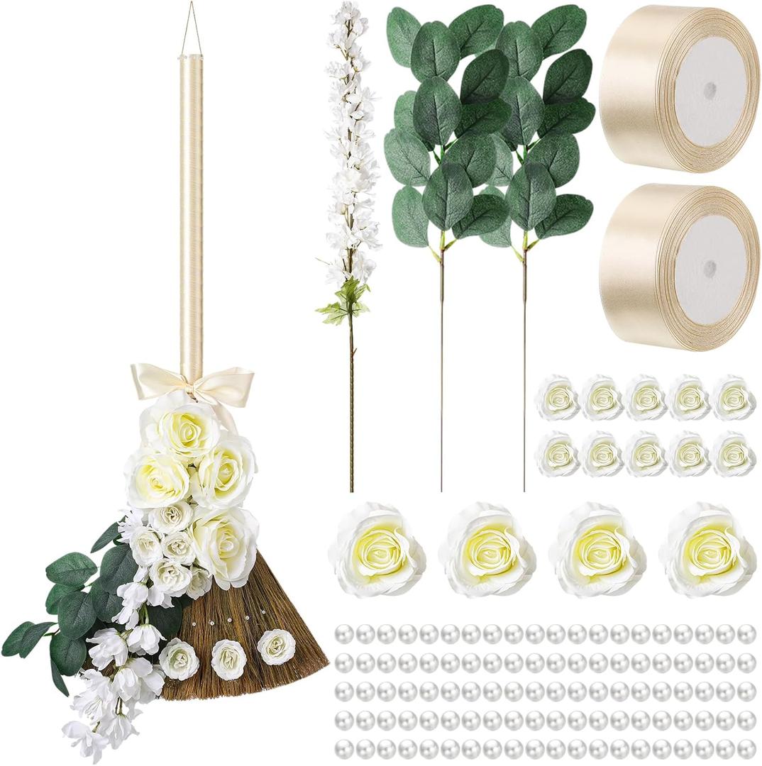 Yungyan Wedding Brooms for Jumping Ceremony Bride Bridegroom DIY Whisk Brooms 11.81 x 25.2 in with Ribbons Artificial Pearl Eucalyptus Leaves Roses Delphinium for Wedding Ceremony Craft