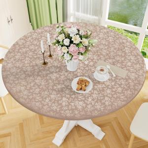 Smiry Round Picnic Tablecloth, Elastic Waterproof Fitted Heavy Duty Vinyl Tablecloths for 57"-68" Tables, Wipeable Washable Table Cover for Kitchen, Dining, Camping, Outdoor, Khaki