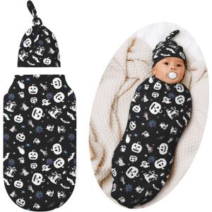 Swaddle Blankets Newborn Receiving Blanket Baby Swaddle Wrap with Hat, Soft Sleeping Clothes for Baby Girls Boys (Gothic)