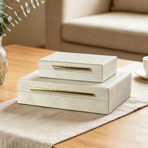 Photo Storage Boxes PU Leather Set of 2 with Lids for Pictures Keepsakes Home Decor