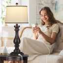 Cinkeda 27.5" Tall Table Lamp for Living Room,Farmhouse Vintage Bedside Nightstand Lamp with USB C+A Ports & AC Outlet,3-Way Dimmable Touch Control Retro Black Lamp for Bedroom,Single Black