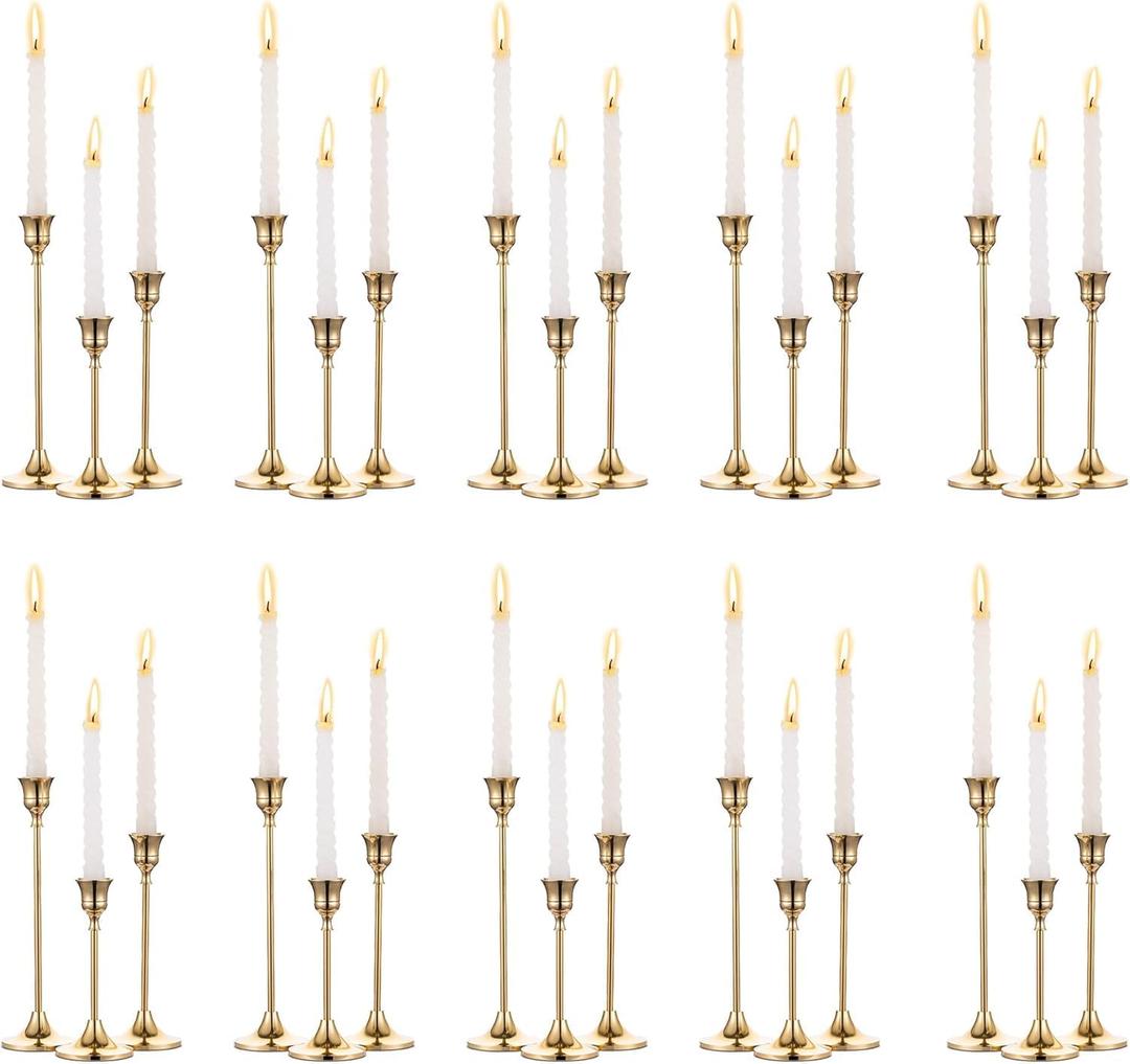 SylvaCraft Brass Gold Candle Holders Rustproof Taper Candlestick Holders for Holiday Party Table Centerpiece Wedding Fireplace Mantel Housewarming Gift(10 Sets(30 Pcs))