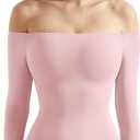 SUUKSESS Women Off the Shoulder Long Sleeve Bodysuit Double Lined Thong Bodysuit (Small, Baby Pink)