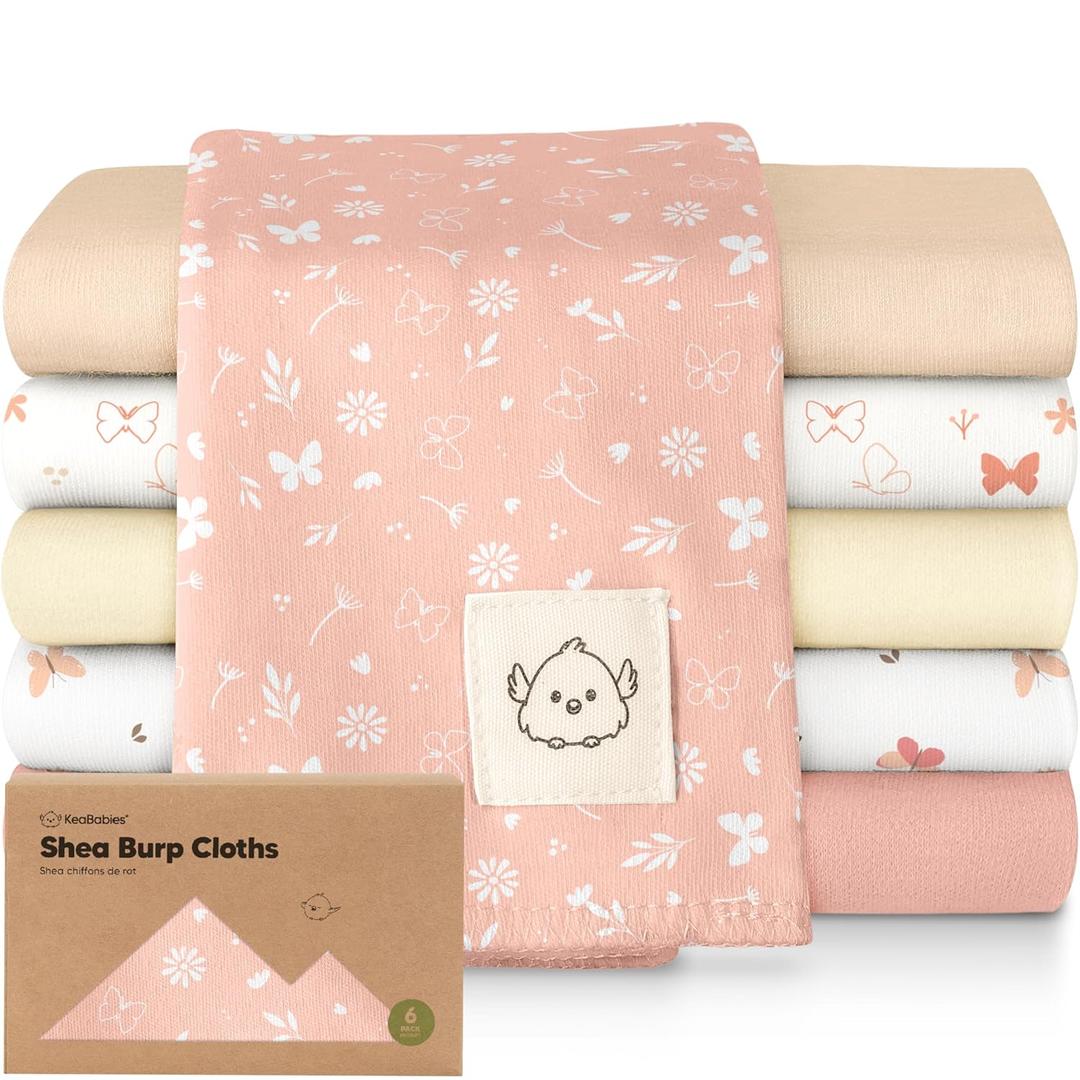 Organic Burp Cloths Baby Boy, Girl - 6-Pack Large 100% Cotton Burping Cloths for Babies, Spit Up Rags, Super Absorbent, Ultra Soft Newborn Rag, Gender Neutral, Machine Washable, Durable (Butterflies)