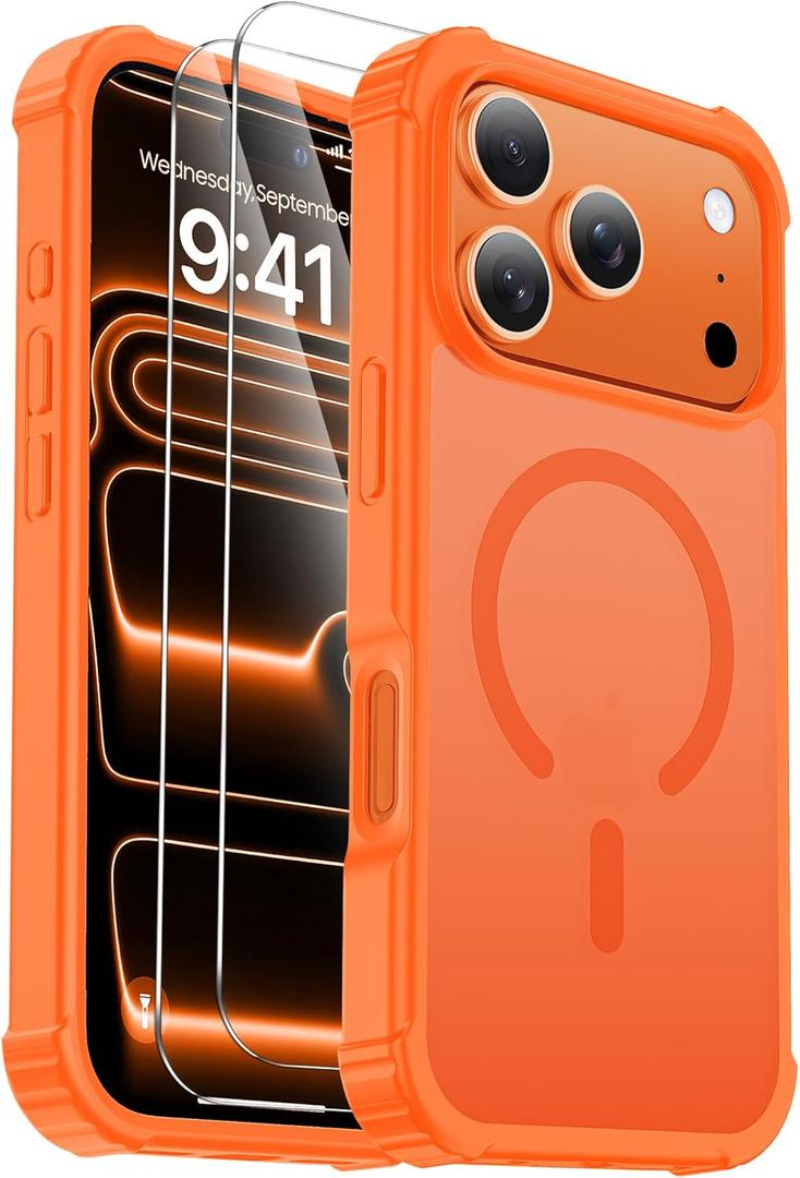 for iPhone 17 Pro Case [Compatible with MagSafe] [2X Screen Protectors][Military Grade Drop Tested] Heavy Duty Magnetic Phone Case for iPhone 17 Pro 6.3",Orange
