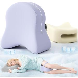 Knee Pillow for Side Sleepers - Thigh Pillow Between Legs with Cooling Ice Silk Cover - Patented Memory Foam Knee Pillow for Hip Pain, Spine Alignment (Purple)