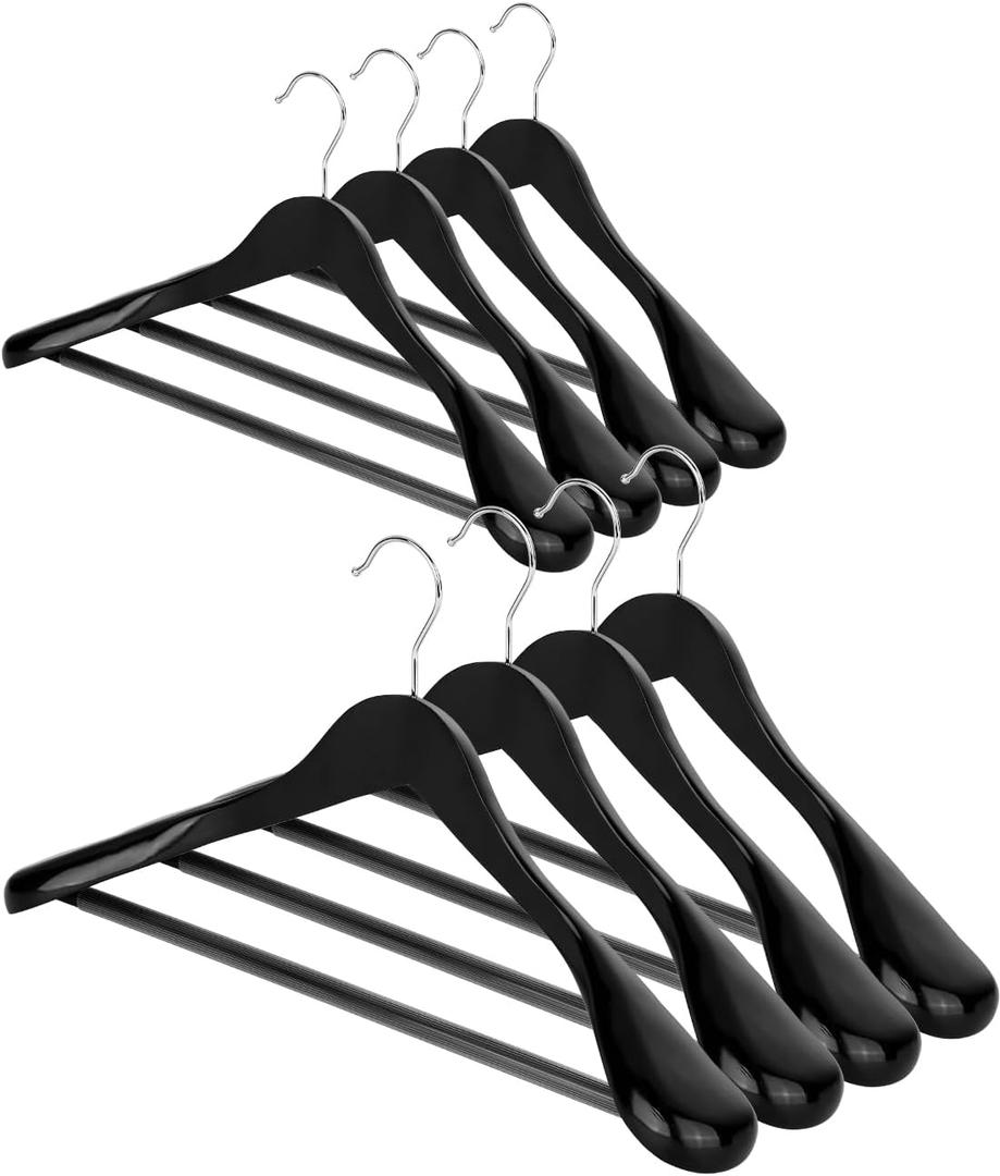 AMKUFO Wide Shoulder Wooden Hangers 8 Pack Coat Hangers with Non Slip Pants Bar, Heavy Duty Suit Hangers Wood Clothes Hangers with Smooth Finish 360 Swivel Hook for Sweater Jackets Shirts Black