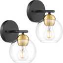 Emak Black and Gold Sconces Set of Two, Modern Globe Vanity Lights with Clear Glass Shade, Wall Sconce for Living Room, Pictures, Bedroom, Bathroom, Hallway, WS114-BKBGD-2PK (Black Gold - 1 light-2PC)