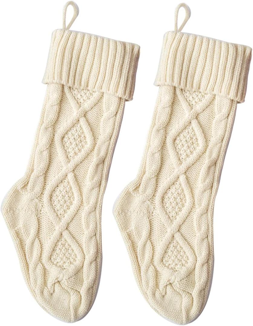 Cable Knit Christmas Stockings Kits Solid Color White Ivory Classic Decorations 18" (18inch 2PCS, White)