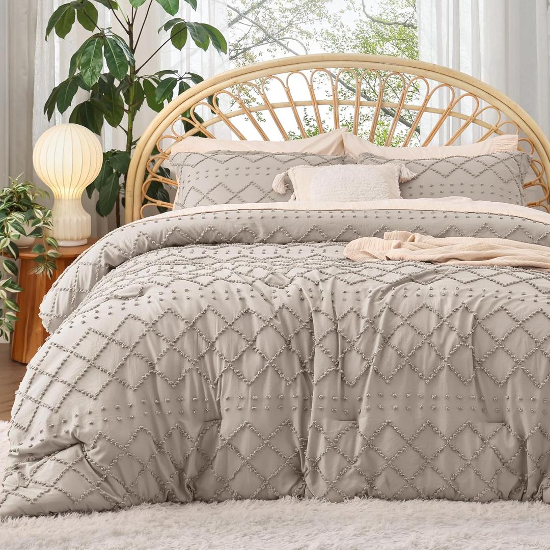 Bedsure Twin Comforter Set - Linen Comforter, Boho Tufted Distressed Vintage Bedding for Kids, 2 Pieces Farmhouse-Style Bed Set for All Seasons, Fluffy Soft Bedding with 1 Pillow Sham