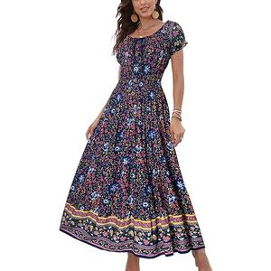 Women's 2025 Summer Short Sleeves Boho Floral Print Tiered Casual Flowy Long Maxi Dress Small, Dark Bue 