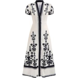 Women's Retro Print Puff Sleeve Dress Elegant Button Down Notch V Neck Maxi Going Out Dresses, Medium