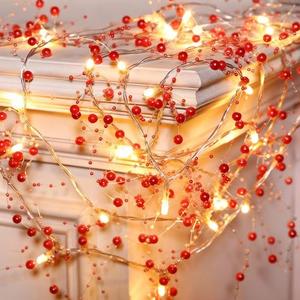 Mudder 30 LEDs Christmas Fairy Lights with Mistletoe Decoration Berry Beaded Garland for Christmas Home Indoor Decor (Red)