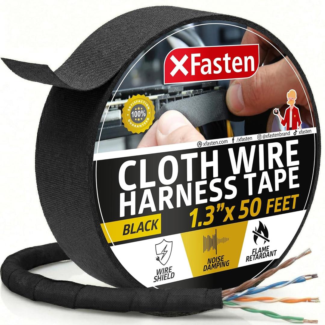 2 x XFasten Wire Harness Tape, 1.3-Inch x 50-Foot, High Temp Wiring Loom Harness, Self-Adhesive Felt Cloth Electrical Tape for Automotive Engines, Noise Dampening, and Cable Protection