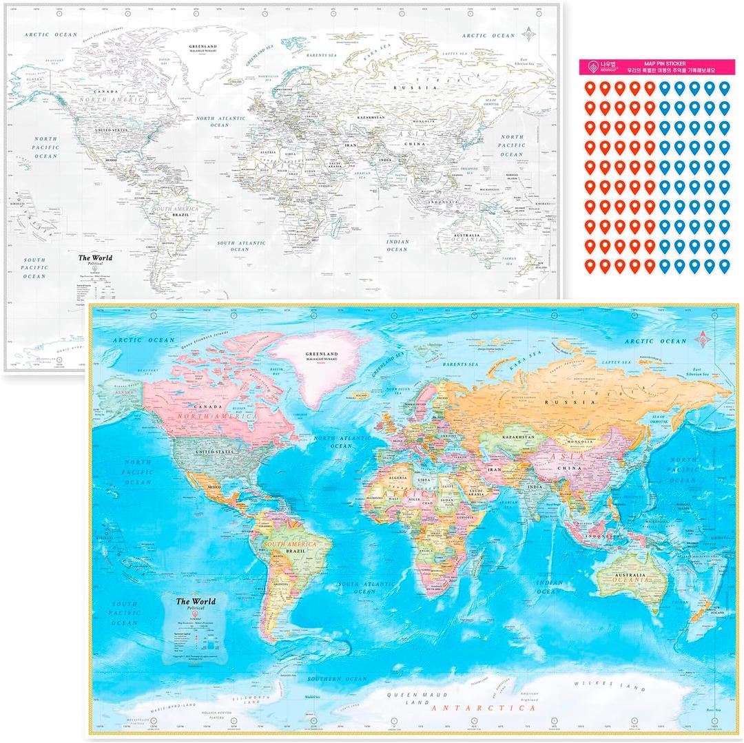 NOWMAP Waterproof World Map Poster 24x36 Folded Double-Sided Wall Map with Pin Stickers Tear-Resistant Travel Map for Planning & Tracking