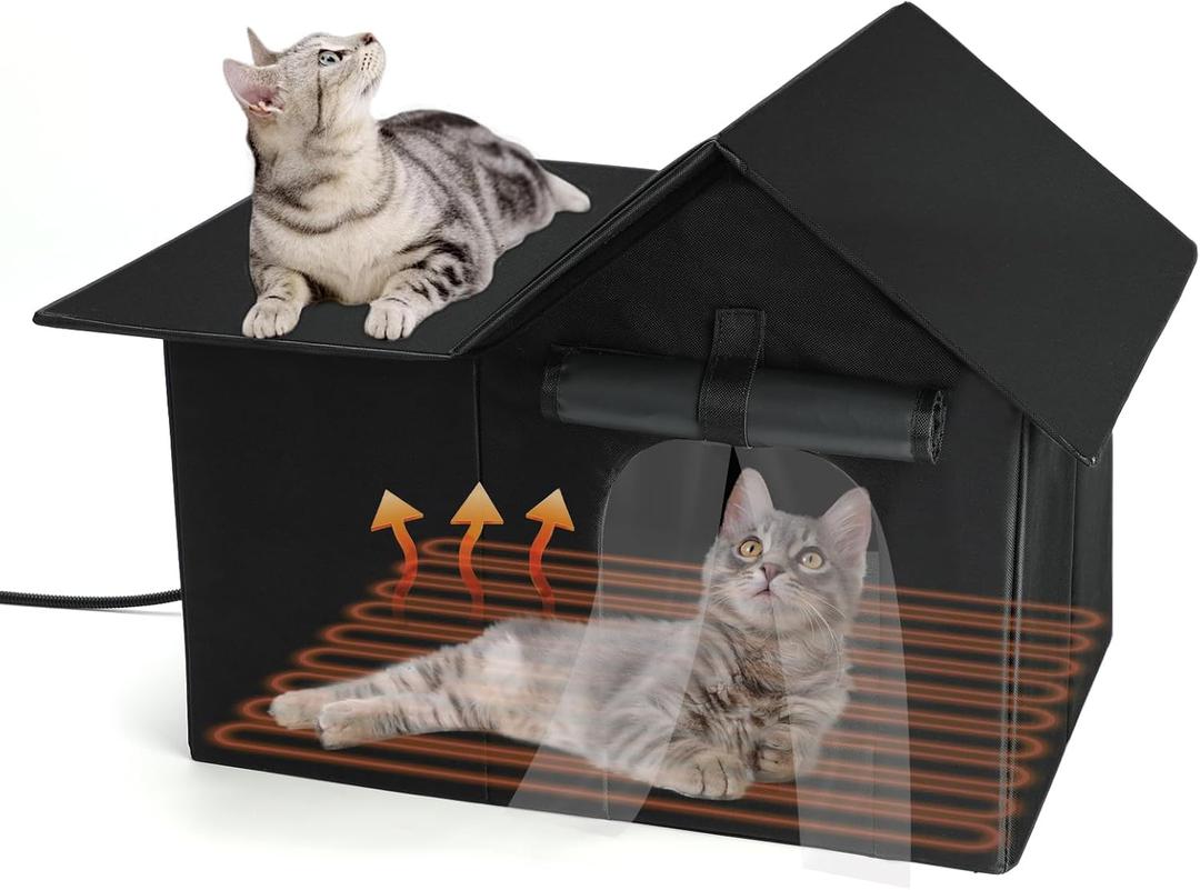 Large Heated Cat House for Outside, Outdoor Cat House Weatherproof for Winter with Pet Heating Pad, Warm Feral Cats Shelter for Multiple Cats 19.7 13.4 16.1 Inches (Black)