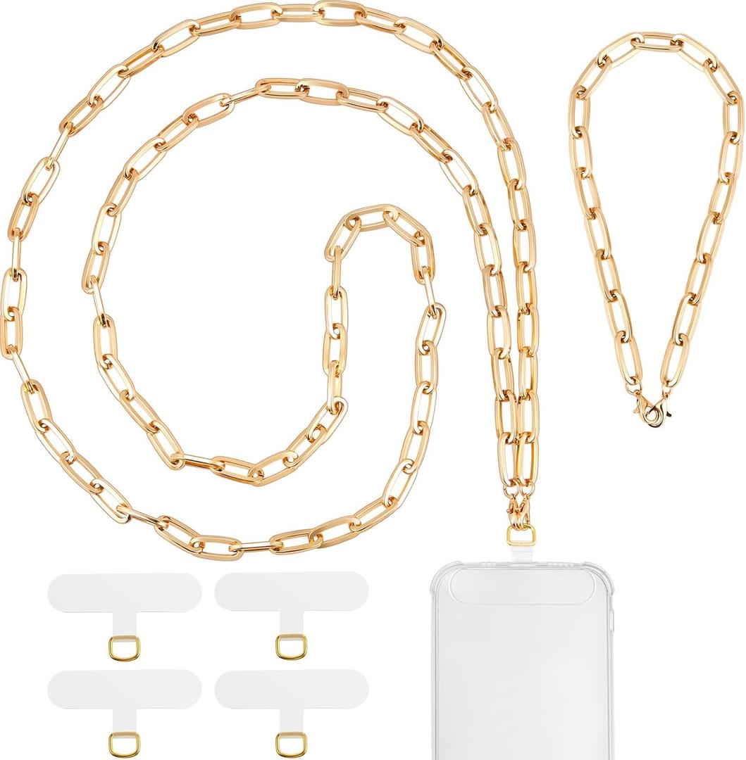 Ecation 2 Pcs Gold Metal Phone Chain Crossbody Phone Lanyard with 1 Wrist Strap and 4 Tether Tabs for Women Girls Travel Shopping Party Camping