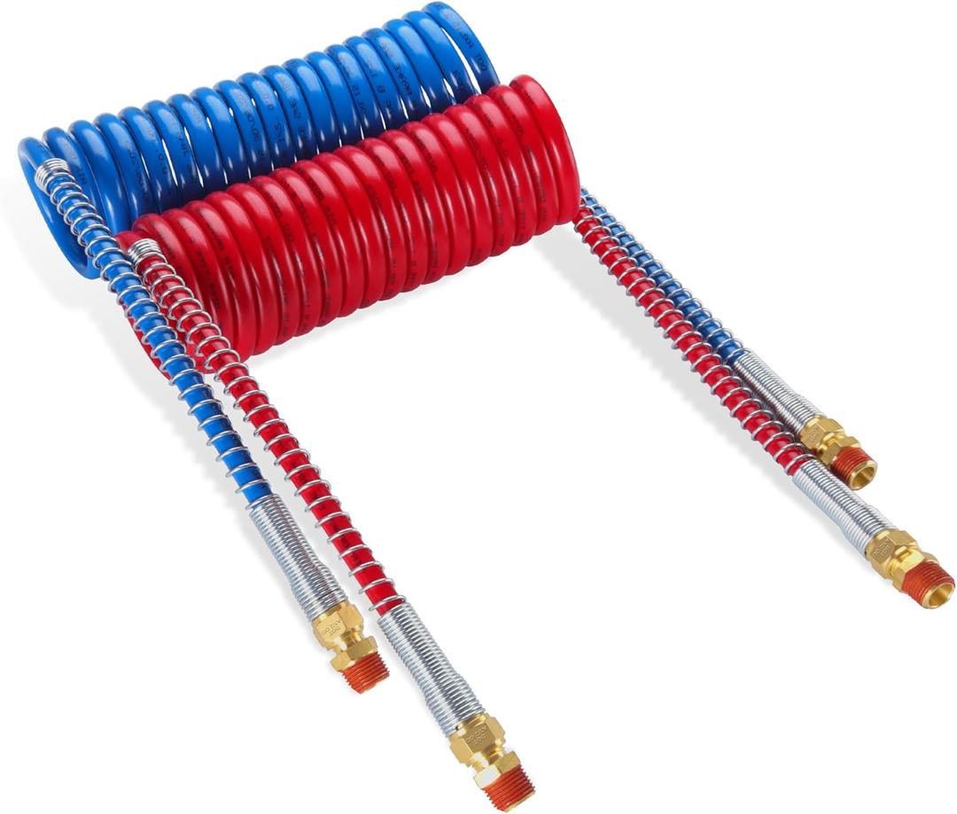 Air Brake Line Hose Coil Assembly Coiled Set 15 FT Air Lines Red Blue Hoses for Semi Truck Tractor Trailer,1/2" NPT DOT Fittings (15' Length x 12" Tractor Lead)