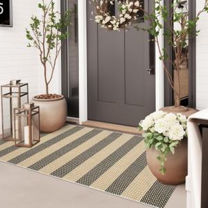 Striped Outdoor Front Door Mat 24"x51", Cotton Hand Woven Rug Indoor Doormat Washable Black and Tan Rug Runner, Foldable Front Door Rugs for Entryway/Farmhouse/Home Entrance