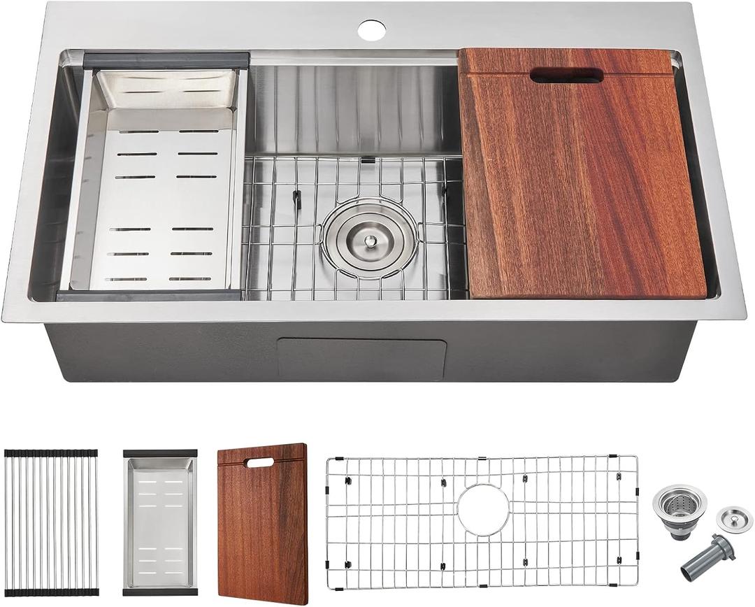 32"x18" Drop-In Workstation Sink 18 Gauge Stainless Steel Brushed
32 inch Kitchen Sink | Drop in Sink | 1-hole Single Bowl | Topmount | Board + colander | Roll-up Rack + Grid | 9" Deep Bowl