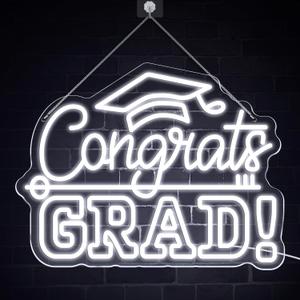 Congrats Grad Neon Sign with Graduation Cap, Cold White Graduation Class of 2025 Light Up Sign for Wall Decor,USB Powered Adjustable Brightness Led Sign for 2025 Graduation Party Backdrop Decorations