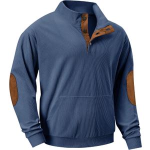 JMIERR Mens Warm Corduroy Sweatshirt Casual Stand Collar Quarter Fall Metal Button Pullover Sweaters Long Sleeve with Pockets (Small, Teal Blue)
