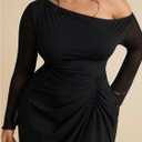 WDIRARA Women's Plus Size Off Shoulder Bodycon Dress Mesh Long Sleeve Ruched Split Midi Dresses (Black, XXXL)