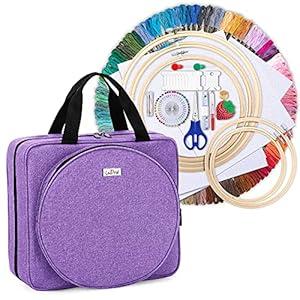 LoDrid Embroidery Kit, Embroidery Project Bag with Embroidery Kit, Portable Craft Carry Case with Starter Kit, Embroidery Supplies Storage Bag and Cross Stitch Kits for Beginner, Adults, Purple