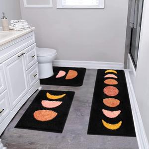 Pauwer Boho Bathroom Rugs Set 3 Piece, Non Slip Bath Mats, Absorbent Microfiber Mats, Bohemian Runner, Shower Rug With U Shaped Toilet Rug, Floor Mat Carpet (18"x26"+18"x48"+U Shape 20"x24", Black)