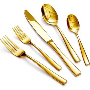 HIKAA Forged Silverware Set Stainless Steel Flatware Set,Service for 4,Matte Satin Polished Cutlery Set,Dishwasher Safe (Gold, 20PCS)