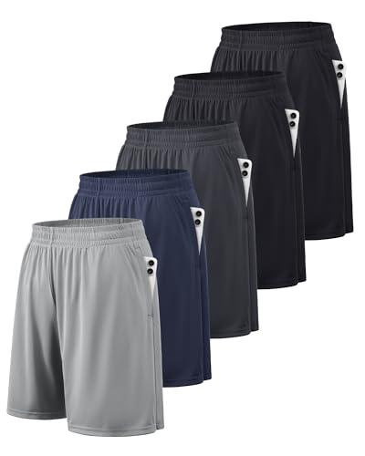 BALENNZ Athletic Shorts for Men with Pockets and Elastic Waistband Quick Dry Activewear (Large, 5 Pack Black, Black, Navy, Dark Grey, Light)