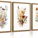 Botanical Wall Art Set of 3 Floral Wall Decor Prints Vintage Canvas Wall Art Wildflower Watercolor Pictures Farmhouse Artwork Floral Modern Painting for Bathroom Bedroom 12x16 Inch Wood Framed