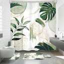 4 PCS Sage Green Boho Shower Curtain Set 72Wx72H, Non-Slip Bath Rug Toilet Lid Cover and U Shape Mat Modern Tropical Palm Leaves Complete Bathroom Set Accessories with 12 Hooks Bathroom Decor
