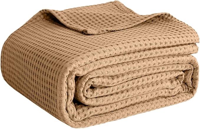 100% Cotton Blankets Queen Size for Bed - Waffle Weave Blankets for Summer, Lightweight and Breathable Soft Woven Blanket for Spring, White, 90x90 Inches (Beige, Queen (90" x 90"))
