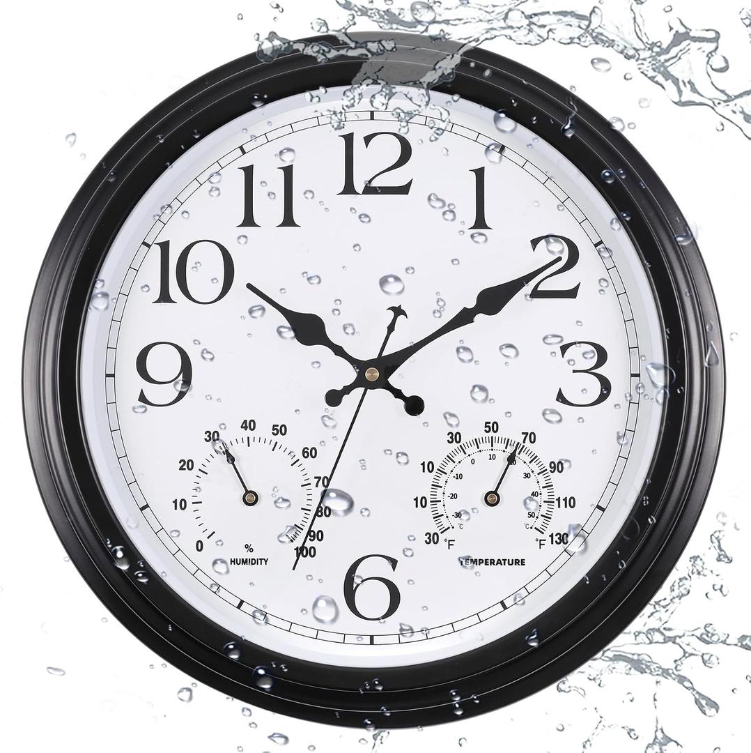 15 Inch Outdoor Clock, Black Metal-Frame Outdoor Clocks Waterproof, Silent Outdoor Wall Clock for Garden Patio Pool